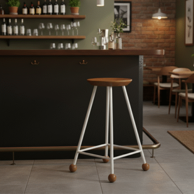 Bar Taburesi Ahşap Beyaz Metal Ayaklı – 65cm